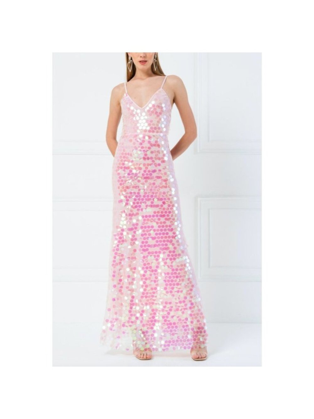 kikiriki Holographic Irridescent Pink Sequin MaxiDress Gown Size M NWT